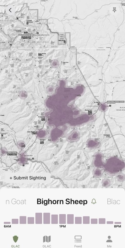 Map showing purple clusters indicating submit sightings across a region.