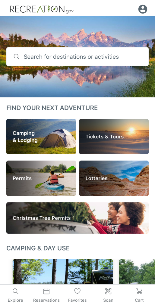 A website section showing adventure options like camping, permits, and tickets.