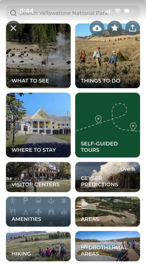 Collage of travel guide categories with scenic photos.