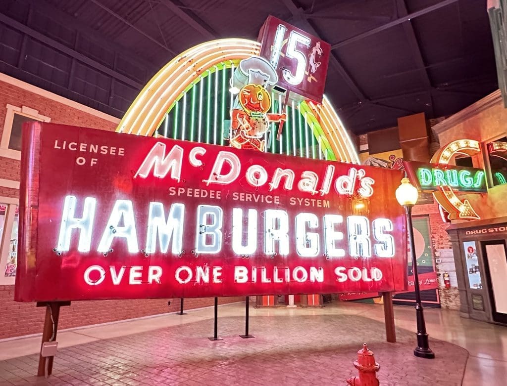 Vintage McDonald's neon sign advertising hamburgers for 15 cents.