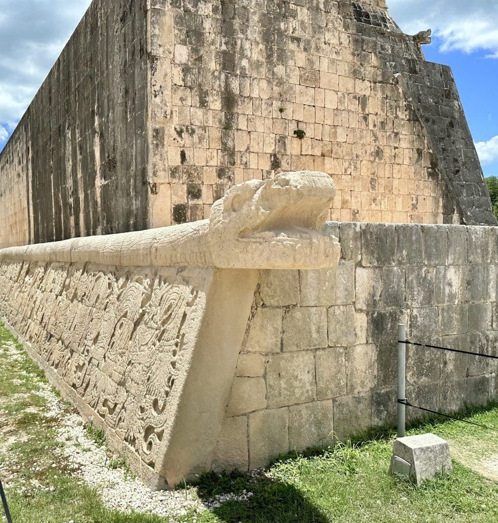 Kukulkan, the serpent deity, is carved throughout Chichen Itza. Here is the god along the wall of The Great Ball Game Court.