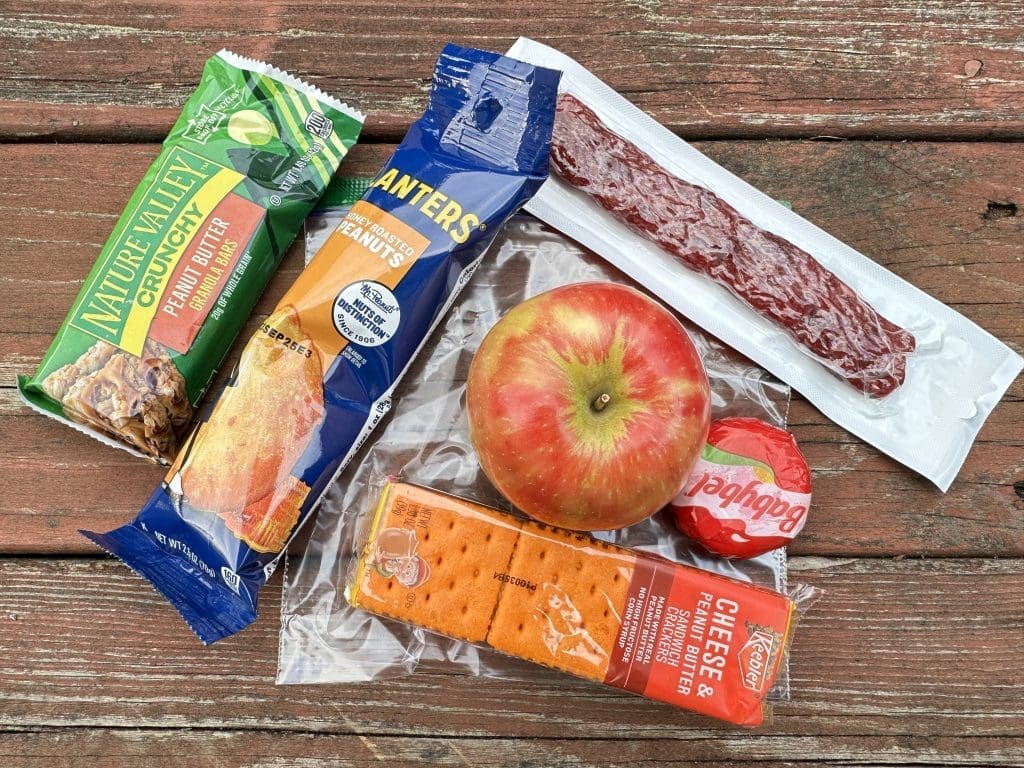 Granola bars, nuts, jerky, fruit, great foods for hiking