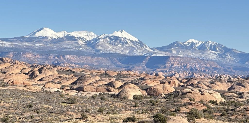 Petrified Dunes in front of La Sal Mountains in Arches National Park