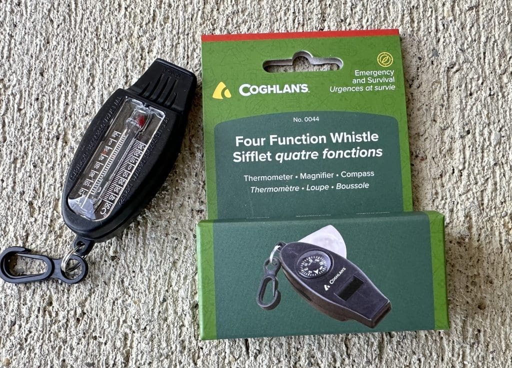 Coghlan's 4-function whistle has compass and thermometer