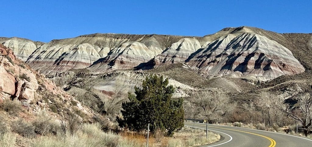 Bentonite Hills on Route 24, outside east entrance of the Capitol Reef National Park.