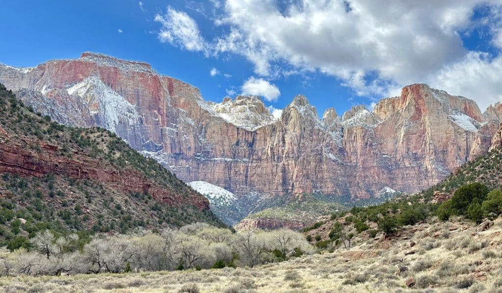 Panoramic view of West Temple, Sundial, and Altar of Sacrifice in Zion National Park