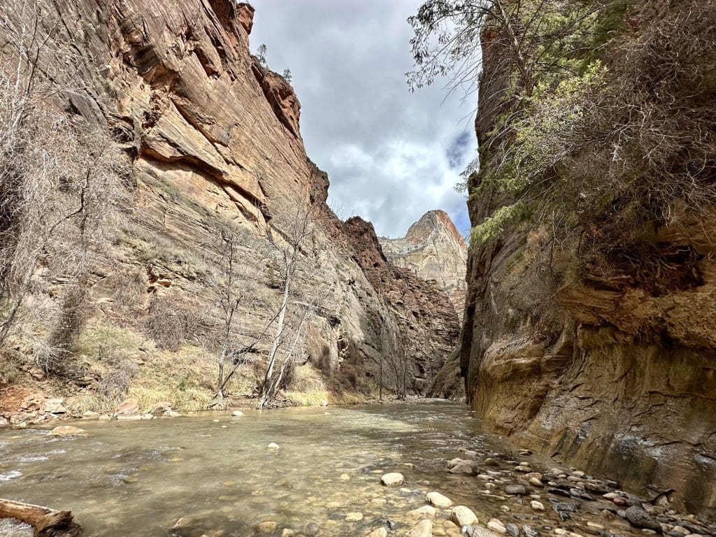 Rocky canyon with a flowing river and clear sky.