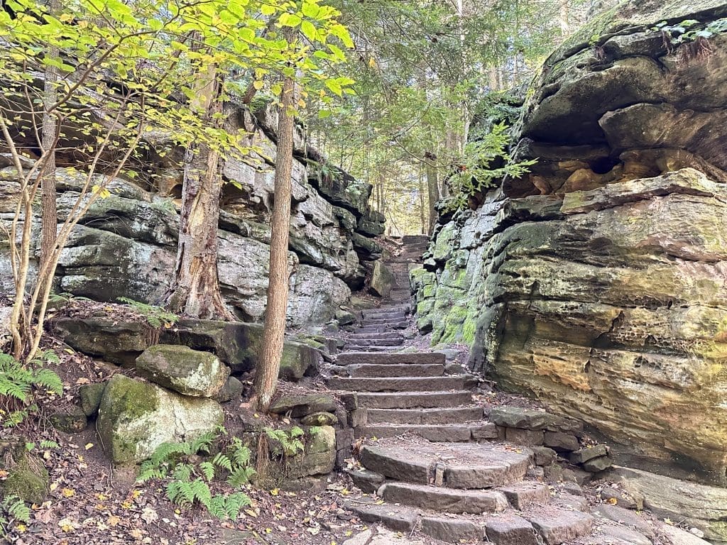 Civilian Conservation Corps created stairs, along the Ledges Trail, using native materials. The trail is found in Cuyahoga Valley National Park.