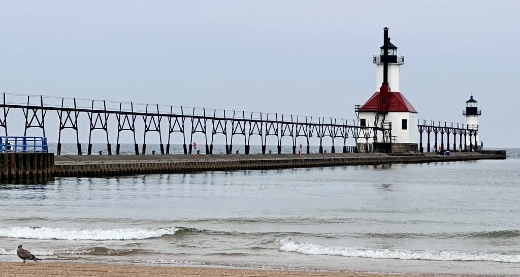 Catwalk extends from the lakeshore to both St. Joseph lighthouses on Michigan's western coast