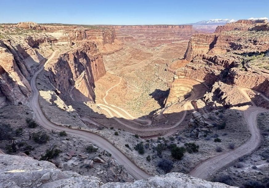Shafer Trail in Canyonlands offers thrilling four-wheel drive 1,500 feet into Shafer Canyon through a series of switchbacks.